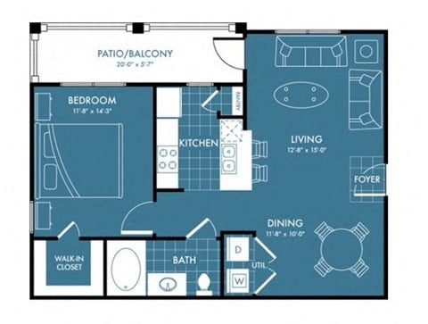 Floor plan for 1 bed, 1 bath, 726 sqft